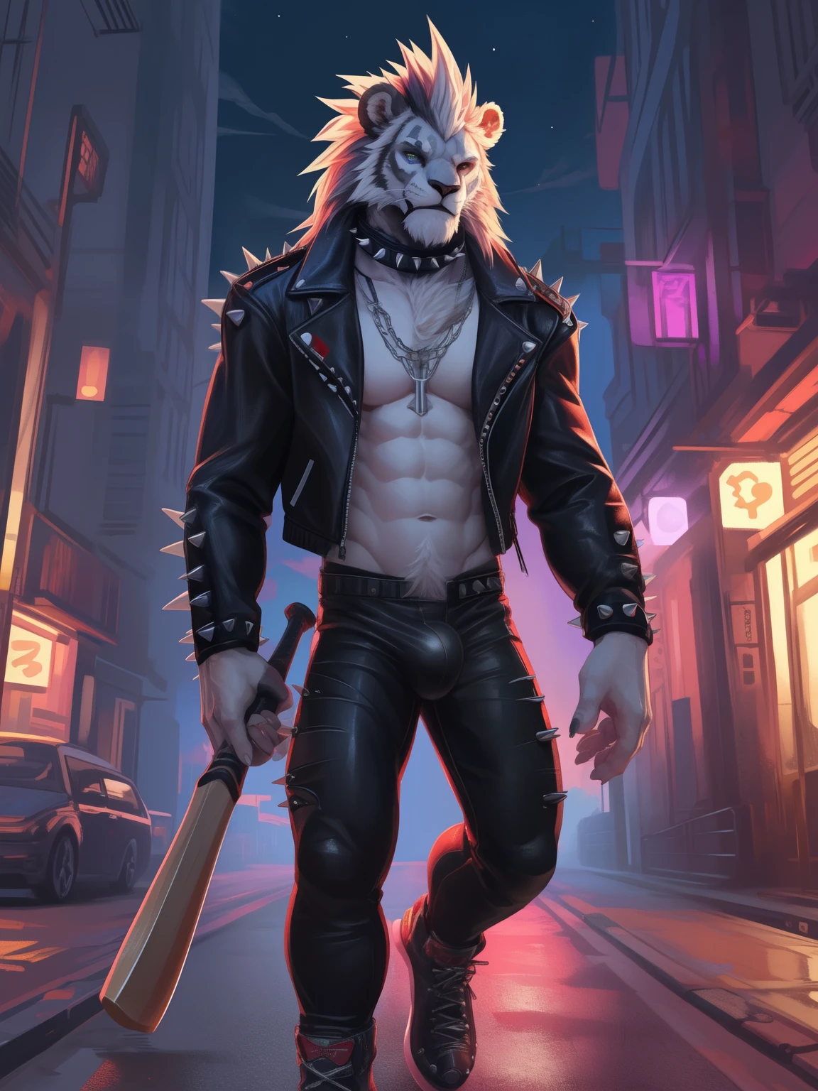 indong, lucusold, lanxus, a skinny young adult, ager, skinny body type, tall and skinny body, furry white lion wearing ((punk outfit, spiky leather jacket:1.2)), voluminus white full lion’s maine, small shoulders, spiky choker collar, leather pant, bulge, in the street at night, 6 pack abs, tongs out, punk attitude, holding a spiky metalic baseball bat, lowres, danbooru and artstation, heavy detailed,long arms, long legs, commission for high res, detailed but rough, semirealistic:1.3