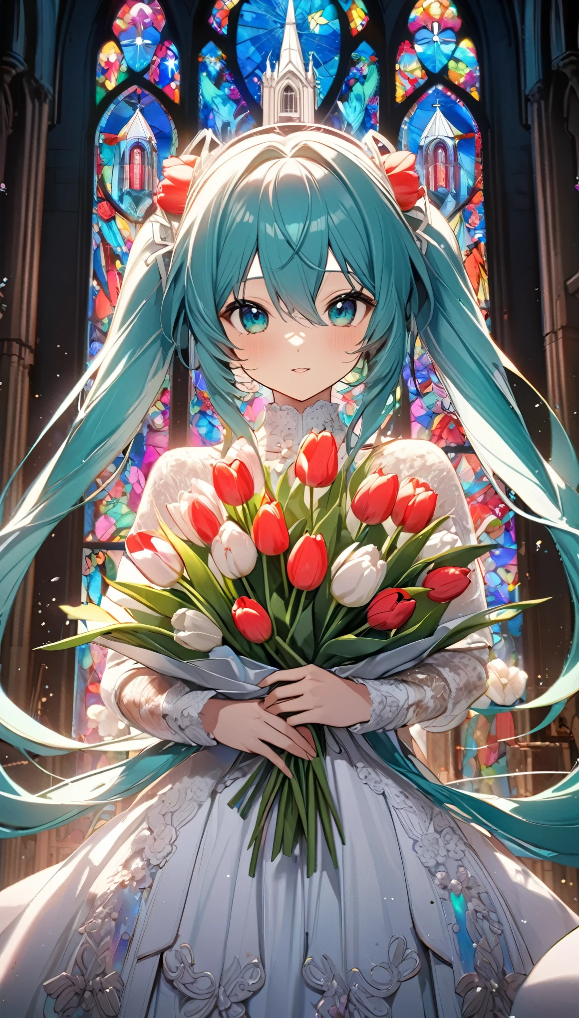 (8k, Highest quality, masterpiece: 1.2), (amime: 1.37), Very detailed, Close-up, (Hatsune Miku in a bridal outfit holding a bouquet of tulips:1.2),, , , Small faint lights, night, , Intricate details, Splash screen, Gorgeous church, Stained glass
