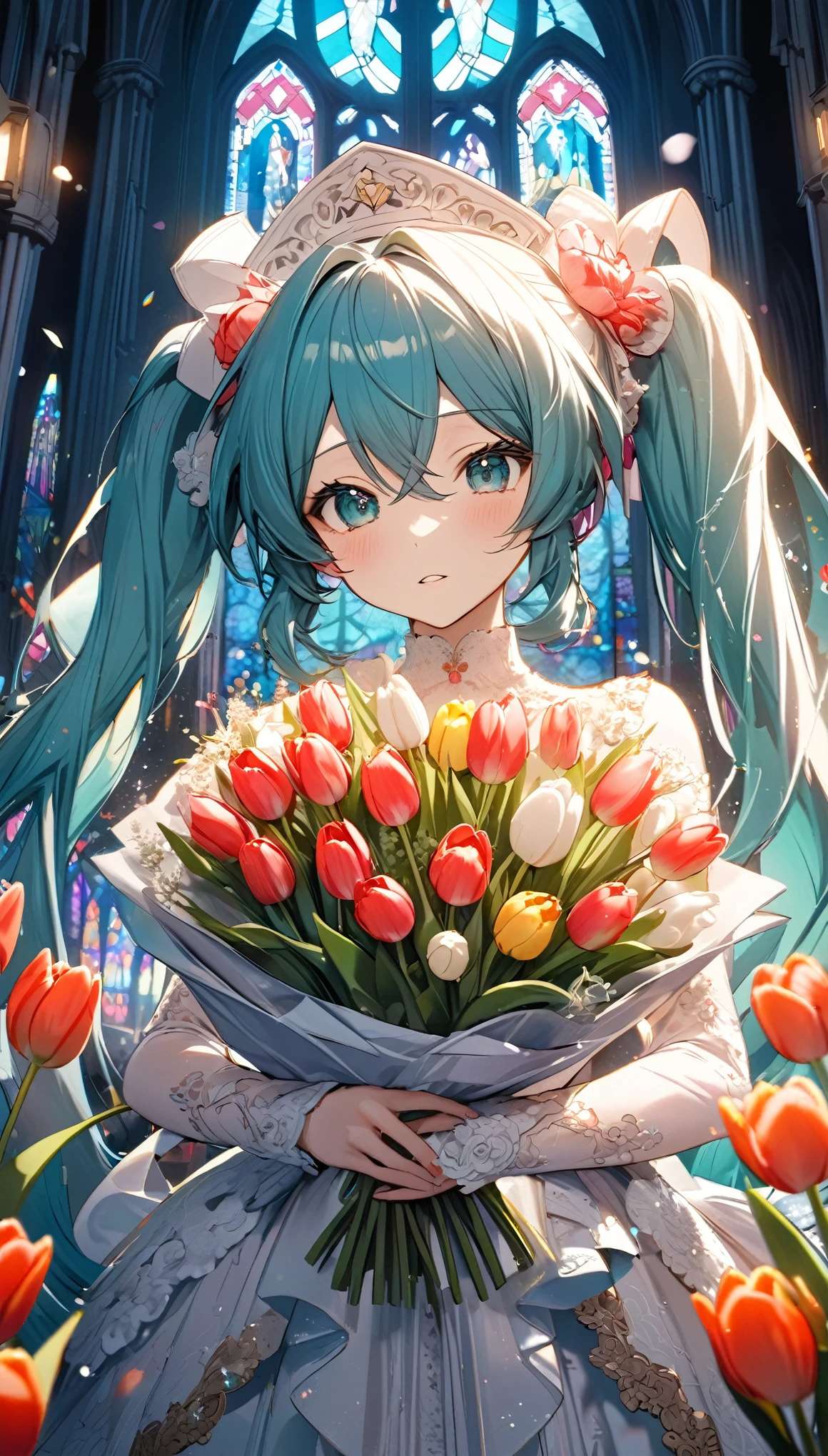 (8k, Highest quality, masterpiece: 1.2), (amime: 1.37), Very detailed, Close-up, (Hatsune Miku in a bridal outfit holding a bouquet of tulips:1.2),, , , Small faint lights, night, , Intricate details, Splash screen, Gorgeous church, Stained glass
