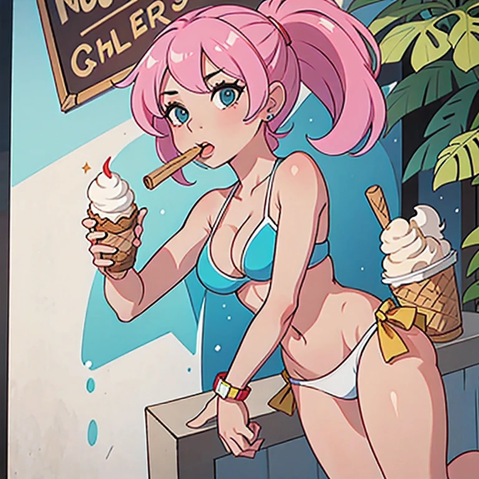 (:1.8), Stephanie, on the beach, , small breasts, sunglasses , cameltoe, standing, horny, seductive, smirk, blush, pink hair, eating ice-cream, school swimsuit , by shadman