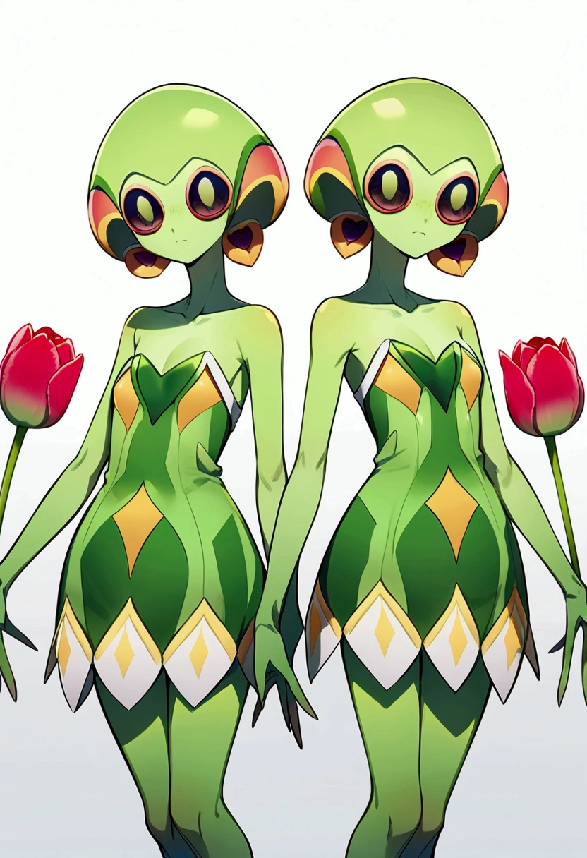 tulip alien with tulip printed dresses, green skin