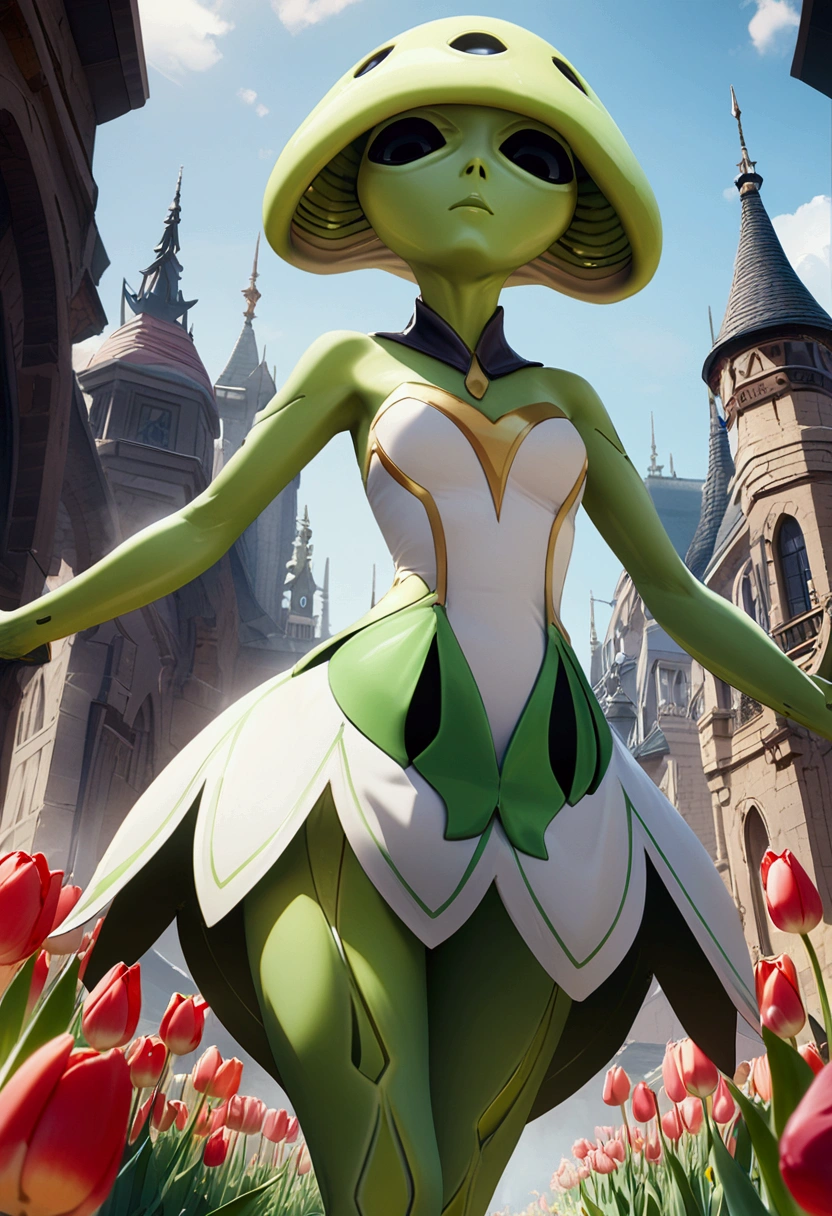 tulip alien with tulip printed dresses, green skin