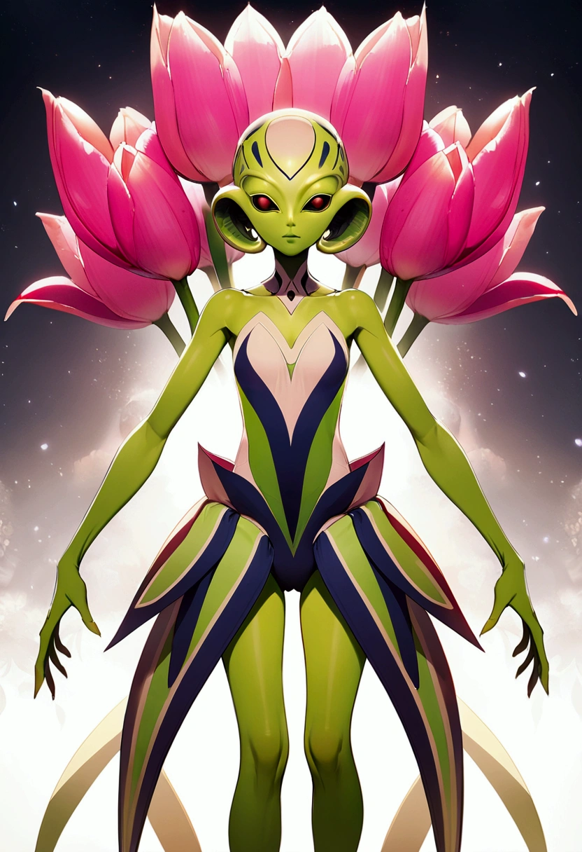 tulip alien with tulip printed dresses, green skin