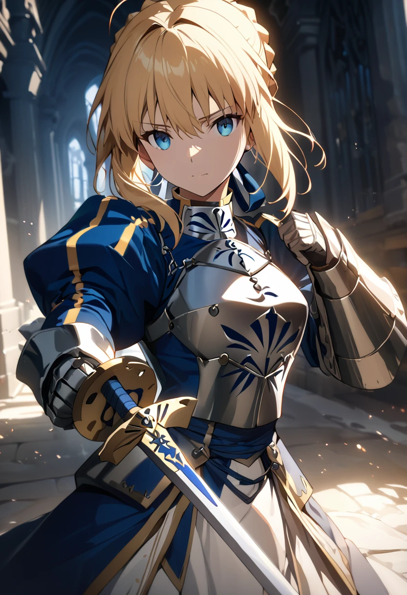 (masterpiece:1.2), (highest quality:1.2), Perfect Eyes, Perfect Face, Perfect lighting,1girl,Saber, holding sword artoria pendragon \(fate\), fate \(series\) perspective medieval beautiful, aesthetic, detailed, beautiful color amazing quality, best quality, high quality