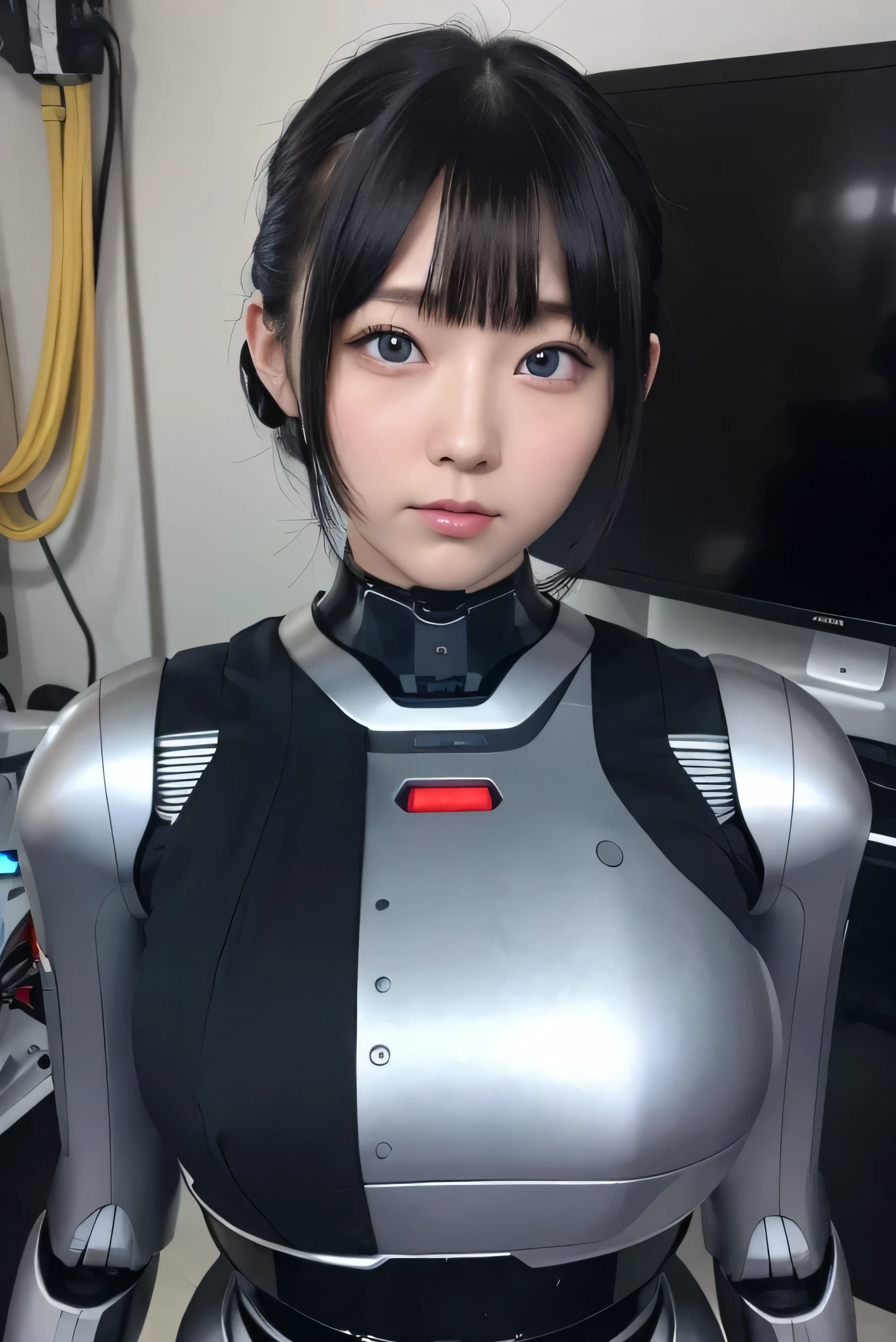 masterpiece, best quality, extremely detailed, Japaese android girl,portrait,Plump,a bit chubby,control panels,android,Droid,Mechanical Hand, Robot arms and legs, Black hair,Blunt bangs,perfect robot girl,long tube,thick cable connected her neck,android,robot,humanoid,cyborg,japanese cyborg girl ,robot-assembly plant,She is assembling now,assembly scene,blue eyes,chest monitor