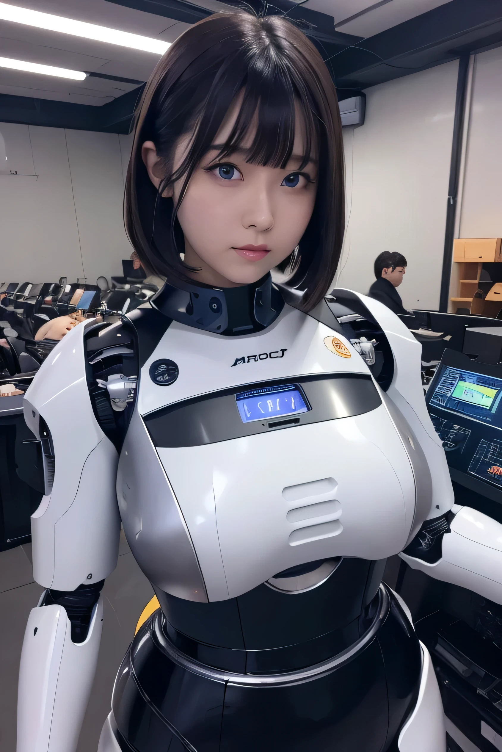 masterpiece, best quality, extremely detailed, Japaese android girl,portrait,Plump,a bit chubby,control panels,android,Droid,Mechanical Hand, Robot arms and legs, Black hair,Blunt bangs,perfect robot girl,long tube,thick cable connected her neck,android,robot,humanoid,cyborg,japanese cyborg girl ,robot-assembly plant,She is assembling now,assembly scene,blue eyes,chest monitor