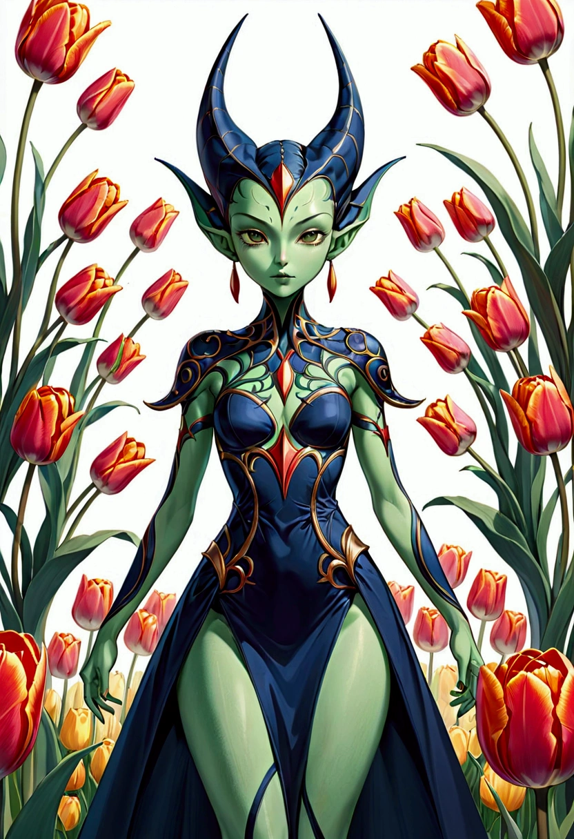 tulip alien with tulip printed dresses, green skin
