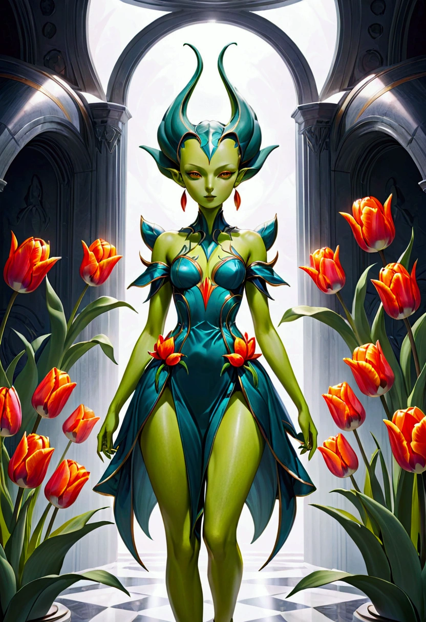 tulip alien with tulip printed dresses, green skin