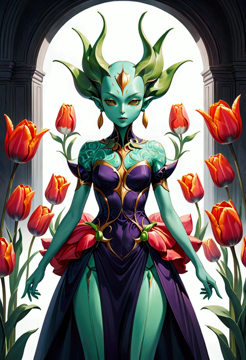 tulip alien with tulip printed dresses, green skin