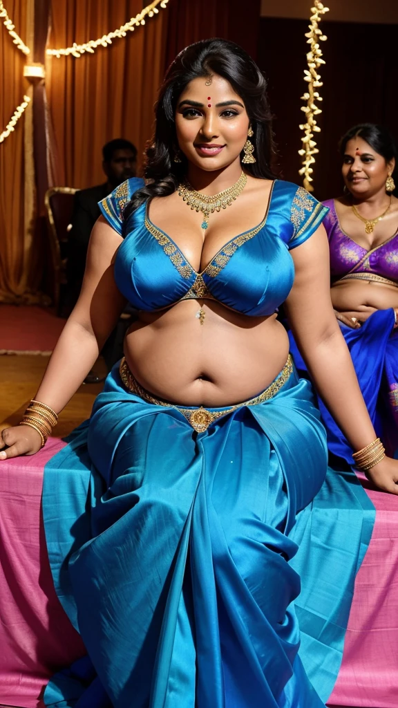 A radiant, full-figured South Indian 25 year old bride wearing a blue colour silk party saree (breasts and belly button visible) tenderly sitting in the lap of a jubilant 55-year-old man while in party hall, captured in a full-body image with vibrant hues and meticulous details. Belly button visible . Other people cheering. Full body image