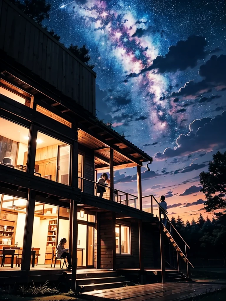 Octane, null, star (null), scenery, starnull, night, One girl, night null, alone, Outdoor, building, cloud, milky way, Sitting, wood, Long Hair, Children's room、Sparkling、fluffy