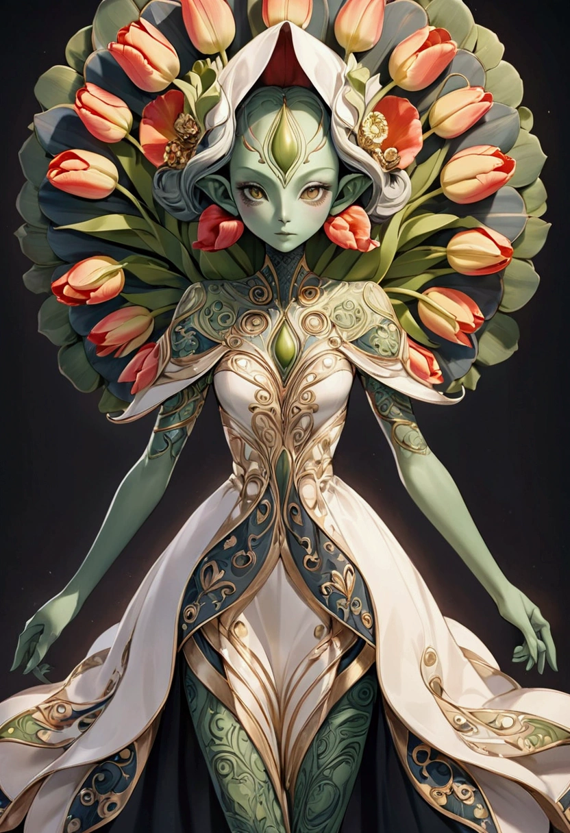 tulip alien with tulip printed jumpsuits, green skin