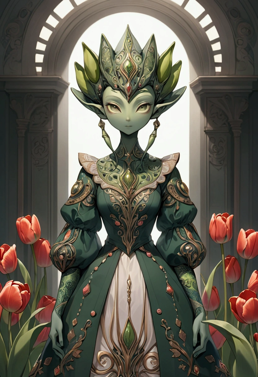 tulip alien with tulip printed jumpsuits, green skin