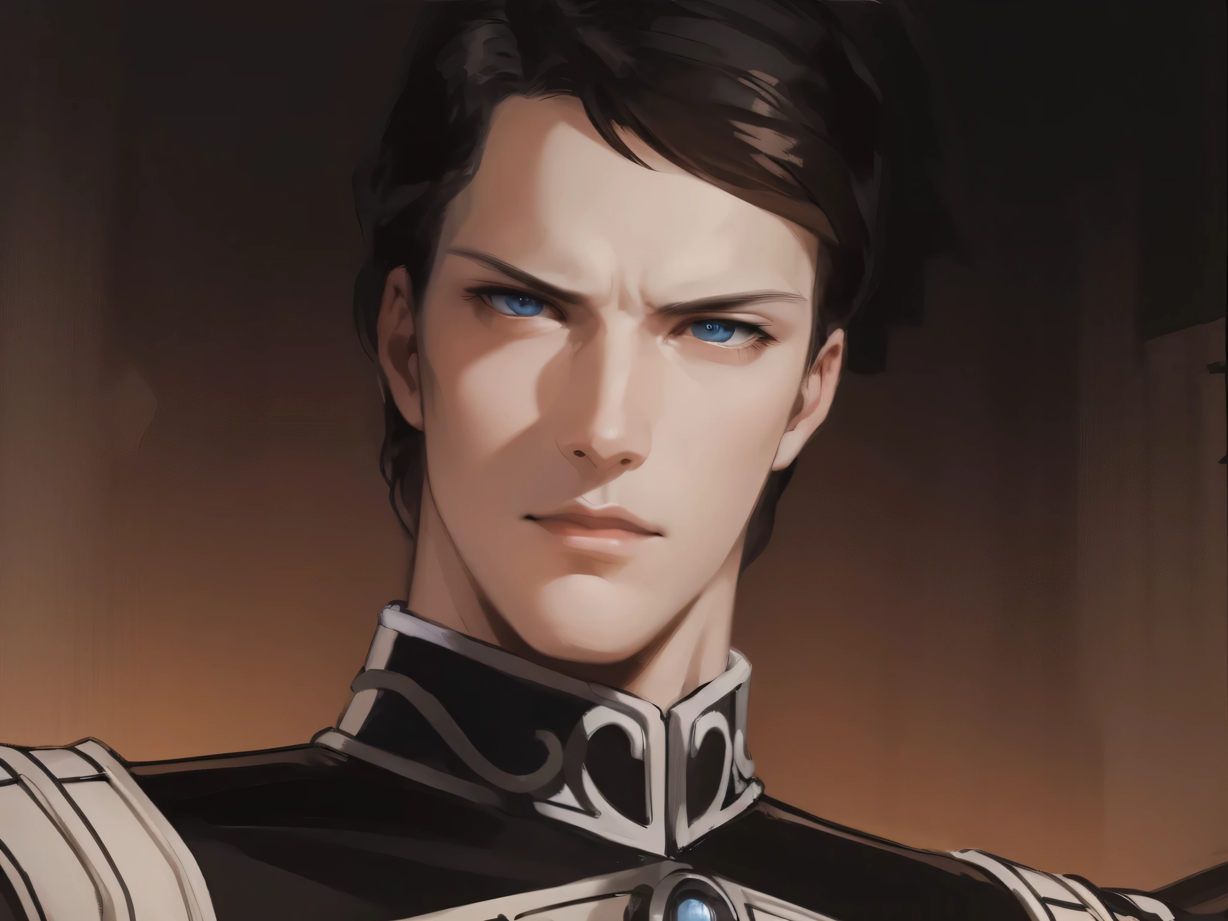 Illustration of a man, military uniform, an illustration inspired by Kanō Hōgai, Tumblr, romanticism, portrait, dark-brown hair, the sandman from graphic novel, deep focus, wearing a high-collared uniform, a silver breastplate over a black tunic with intricate designs. The tunic is adorned with silver accents. The uniform features a structured fit, emphasizing his commanding presence. Has blue eyes, and his expression exudes confidence and authority. manly features, man, manly, strong gaze, mouth closed, mouth shut