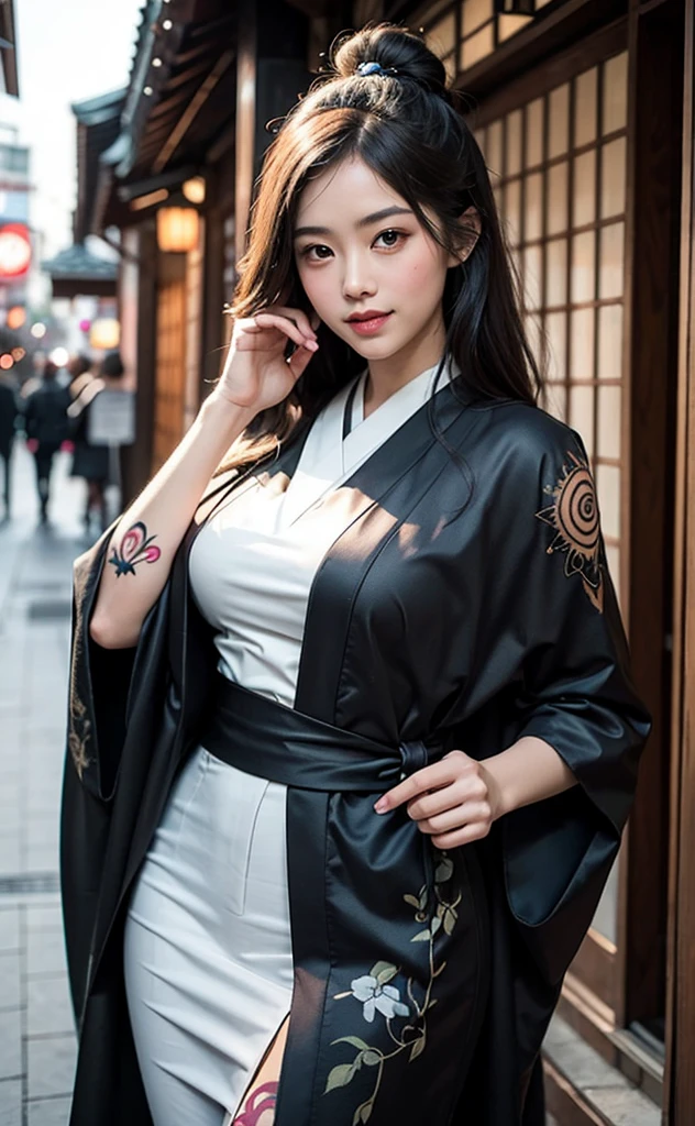 whole body,1 woman,standing ryokan,warm smile(perfect look,tall and slim),alone,(outdoor:1),sky,focus on the face,looking at viewer,beautiful face,detailed delicate young face,tattoo skin, sexy tattoos,(long curved hair, batman print kimono, Victoria&#39;s Secret Lingerie),(Beautiful natural boobs, Size Chest 90D),(nice ass),(good hands),(nice thighs), vivid picture,masterpiece, (best quality:1.2),very detailed,realistic,high quality,high quality,Cinematic Light,ray tracing,ultra high resolution,uhd,(photorealistic:1.4),intricate details,detailed texture,in detail,high quality shadow, snow rain kyoto city background, hot spring mountain