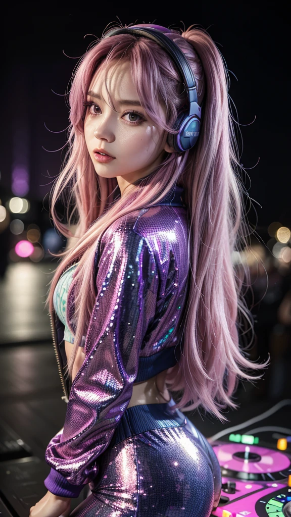 Quality 8k DJ with loose hair in long pink and purple waves, wearing a dark blue sequin jacket and purple vinyl leggings, dancing in an outdoor party environment with pink and blue neon lights. Silver headphones rest around her neck as she looks into the camera with a passionate, engaging gaze..