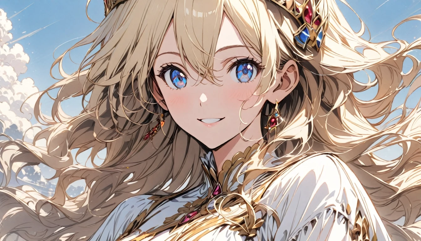 One girl, View here,princess,Crown Princess Wavy Hair,Blonde,Long Hair,Hair between the eyes, Slender,Neat and clean dresses,Attention to detail, Conceptual Art, anime, masterpiece, Super Detail, Attention to details, high quality, 最high quality,smile,Background is sky