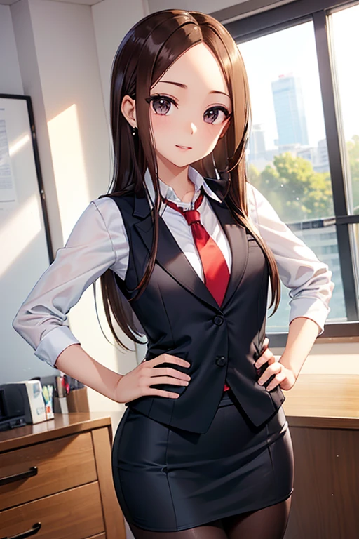 Takagi-san、Shiny brown hair, Straight Long Hair,((Medium chest、Forehead、Center part))、 Beautiful brown eyes、smile、Sparkling eyes, (fine grain)、Very fine eye、非常にDetailed face, 非常にDetailed eyes, Cowboy Shot、


masterpiece, Highest quality, Detailed face, Detailed eyes, Detailed lips, One girl,  

#Clothing Accessories 
(Navy Blue Suit : (Suit jacket:1.2) + (Suit vest) + White blouse with a sense of cleanliness + Slim Pencil Skirt + Red tie), (See-through black pantyhose + Black high heels), 
(Silver Necklace, Silver earrings), 
break 

#Performance 
(smile, 楽しいPerformance), 
#background environment 
((noon, sunlight, Corporate office in modern building)), 
#composition 
((To the camera + Angle from the feet, Confident and powerful pose with hands on hips, A commanding presence, Cowboy Shot)), 
break 

#Body parts elements 
(Symmetrical facial features), 
(Detailed Hair, Beautiful Hair, Shiny Hair), 
(double eyelid, Long eyelashes), 
(細かい目のPerformance, Beautiful and delicate eyes, Sparkling eyes, Eye Reflexes), 
(Human Ear), 
(Beautiful Nose, Thin Nose), 
(Glossy Lips, Beautiful Lips, Thick lips), 
(Detailed skin, Textured skin, Beautiful Skin), 
break 
