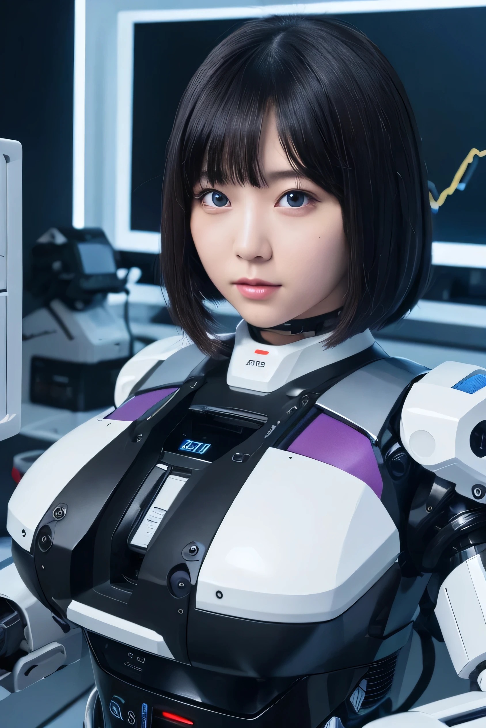 masterpiece, best quality, extremely detailed, Japaese android girl,portrait,Plump,a bit chubby,control panels,android,Droid,Mechanical Hand, Robot arms and legs, Black hair,Blunt bangs,perfect robot girl,long tube,thick cable connected her neck,android,robot,humanoid,cyborg,japanese cyborg girl ,robot-assembly plant,She is assembling now,assembly scene,blue eyes,chest monitor