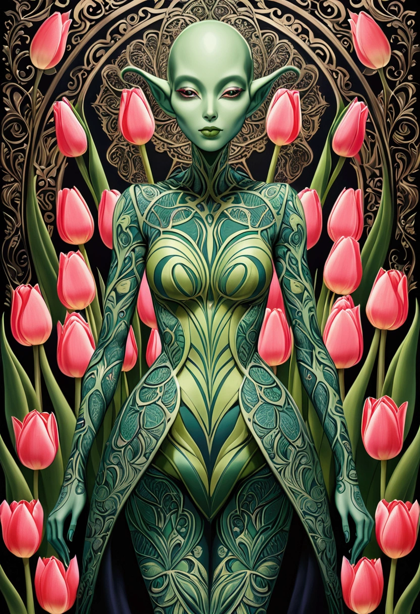 tulip alien with tulip printed jumpsuits, green skin