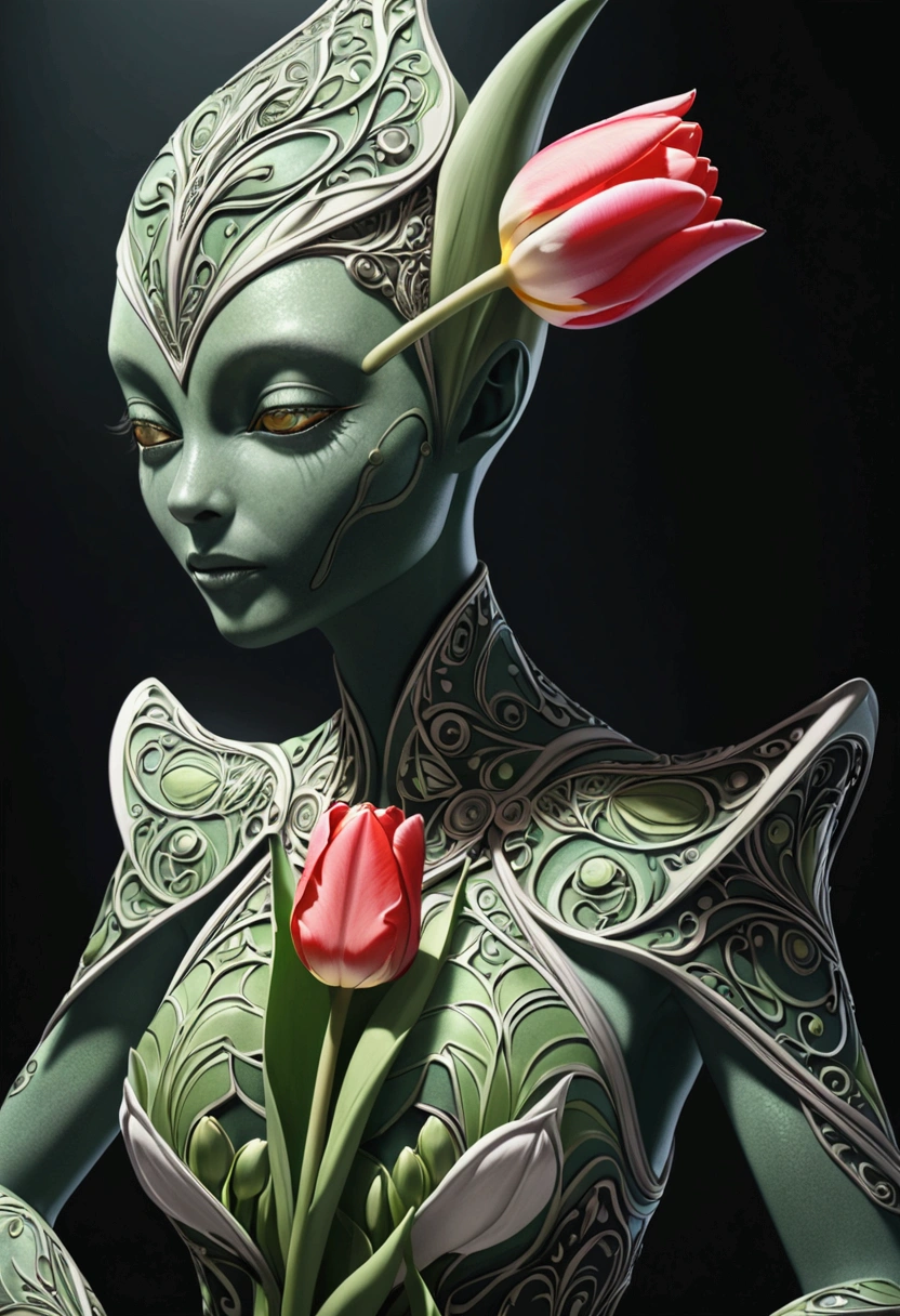 tulip alien with tulip printed jumpsuits, green skin