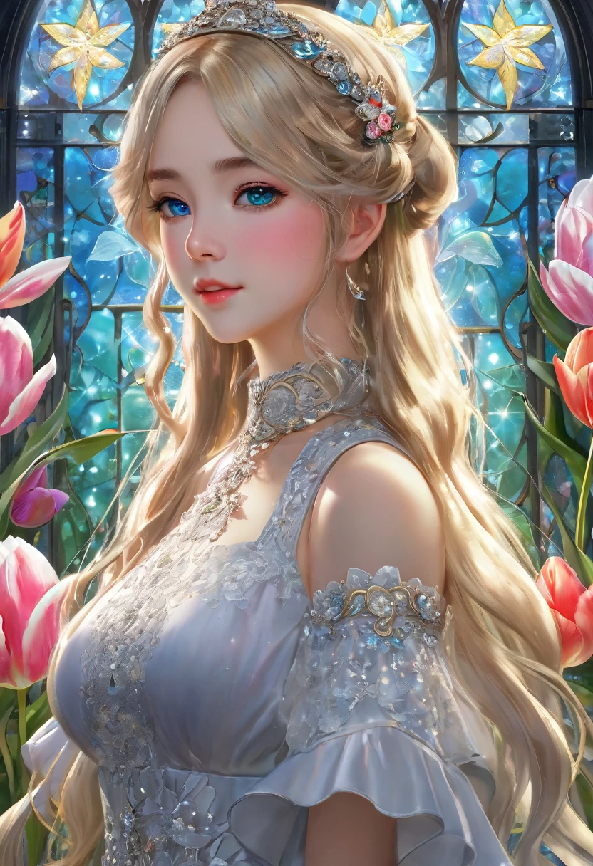 8k resolution, masterpiece, Highest quality, Award-winning works, unrealistic, sole Sexy lady, doaxvv_amy, healthy shaped body, 18-year-old, Height: 158cm, Her measurements are B/W55/H88, Blonde long hair, Twin ponytail, break, Mysterious big blue eyes, Standard nose, eyeliner, Pink Lips,  hair band, super huge bouncing busts, Sexy, Beautiful Skin, A pure white school dress with a complex structure, royal coat of arms, elegant, Very detailed, Digital Painting, artステーションコンセプトart, Smooth, Sharp focus, shape, artジャム、Greg Rutkowski、Alphonse Mucha、William Adolphe Bouguereau、art：Stephanie Law , Royal Jewel, nature, Full Shot, Symmetric, Greg Rutkowski, Charlie Bowwater, beep, Unreal 5, Surreal, Dynamic Lighting, ファンタジーart, Complex colors, Colorful magic circle, flash, dynamic Sexy poses, A kind smile, Mysterious Background, aura, A gentle gaze, break, Small faint lights and flying fireflies, night, lanthanum, (Tulip bouquet:1.3)