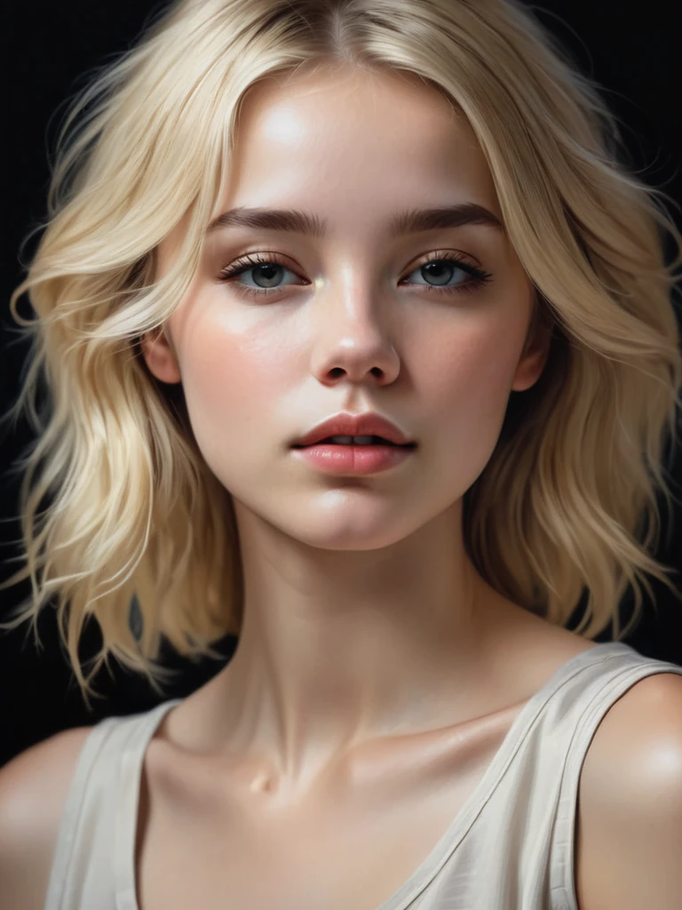 a young woman, blonde, dark theme, soothing tones, muted colors, high contrast, (natural skin texture, hyperrealism, soft light, sharp)
