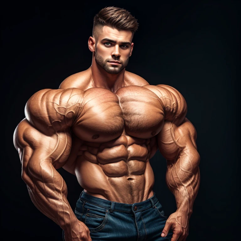 a very handsome young man, mid fade haircut, with massively large, massively muscular muscles, wearing a simple purple sweatshirt with long sleeves, on a black background