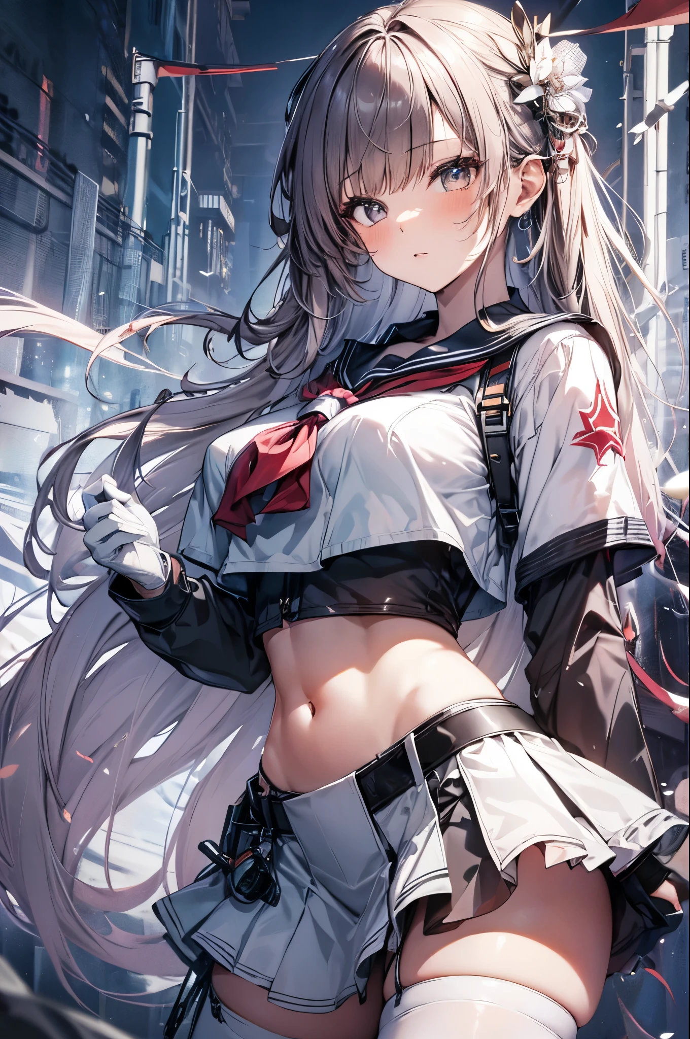 1girl, solo, standing,marciana, (white serafuku,black mini skirt:1.3),navel,very long hair, white panty,white gloves, narrow waist, wide hips, large ass,blush,masterpiece,Noise Reduction,perfect anatomy,high resolution, ultra-detailed, ultra-detailed face,game cg,dutch angle ,beautiful detailed eyes,visualart,five fingers, perfect hands, perfect lighting, sparkling pupils,