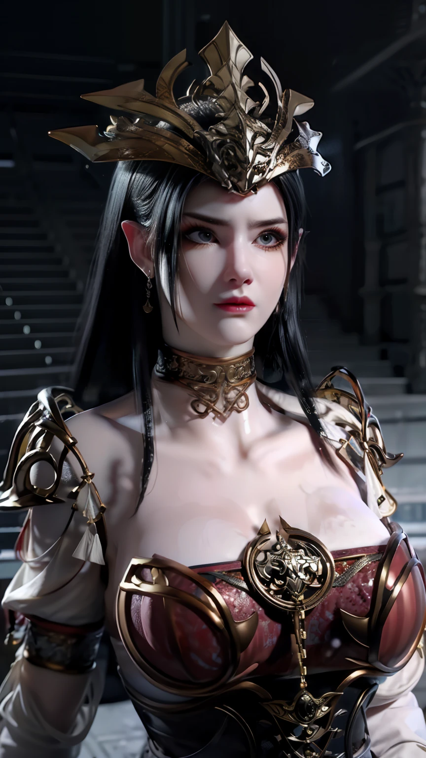 1girl, portrait of beautiful lobapex, athletic, white jacket, corset, skirt, pants, black hair, red hair, braids, makeup, choker, cleavage, wide hips, volumetric lighting, best quality, masterpiece, intricate details, tonemapping, sharp focus, hyper detailed, trending on Artstation, realistic  