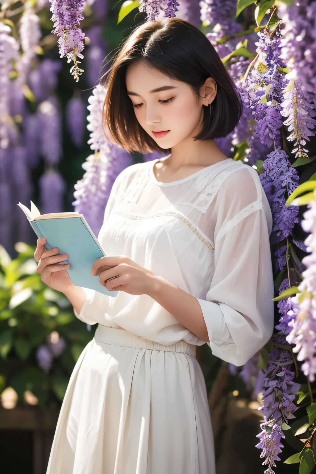 Beautiful woman standing under a wisteria trellis、20 years old、((Looking down))、((is reading a paperback book intently))、((short hair))、White blouse and light blue skirt、Backlight、Professional photography with attention to detail、Natural skin color