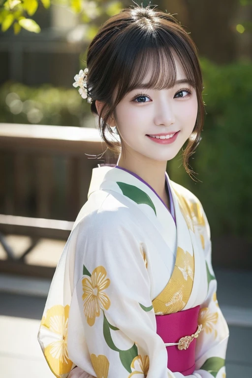 (kimono)、masterpiece、beautiful girl、Beautiful detailsまでこだわった目、Highest quality, 超High resolution, (reality: 1.2), Cinema Lighting、(Japanese Girls)、so beautiful、Beautiful Skin、(Looking at the audience)、(Surreal)、(High resolution)、(8k)、(Very detailed)、(Beautiful details)、(Very detailed)、 (wallpaper)、Detailed face、Bright lighting、Professional Lighting、smile