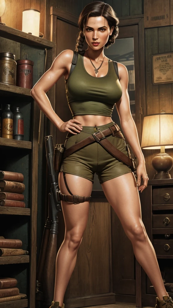 Pulp illustration, 1940s,  lara croft, four foot and ten inches tall, shorts, tight sleeveless shirt, colorized
