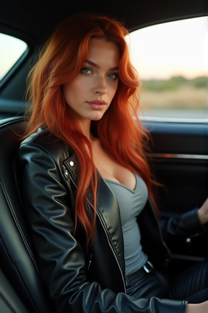 ultra realistic, photography, long red hair, girl, 24 years old, hourglass figure, perfect body, small breasts, Flirty look, extremely detailed artgerm, in the style artgerm, facing the camera, lens 35 mm, blur background, black chevrolet camaro SS 1968, driving her car on the highway with the windows open, wearing a leather jacket, tight tshirt, tight leatherpants, leatherboots,