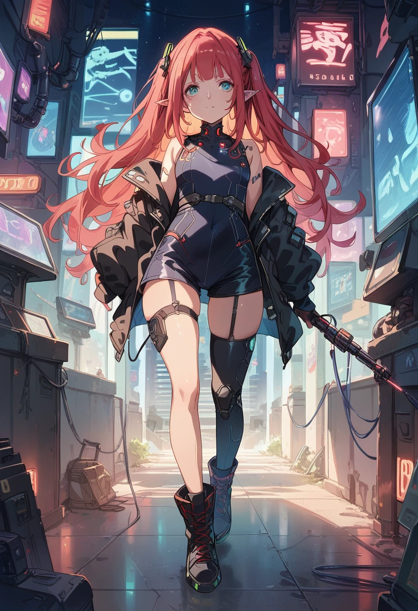 score_9, score_8_up, score_7_up, Cute Girl, elf, full body, Wizard, pointed ears, masterpiece,(bestquality),highlydetailed,ultra-detailed,
1 girl,(black and red tones),(mechanical),(cool),(biodesign),( biomechanics),long hair,(wires and tubes),(futuristic outfit),(leather jacket),(combat boots),(in a cyberpunk city with neon lights),(holding a wand)