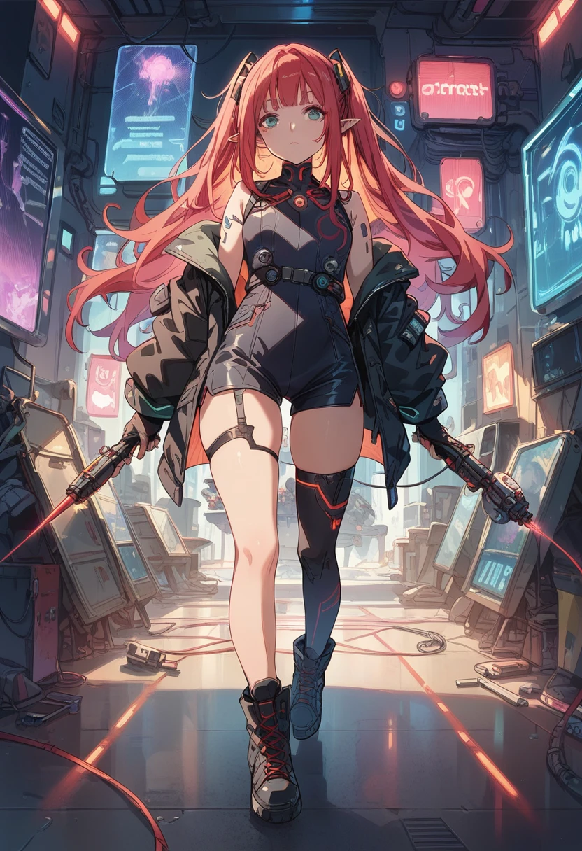 score_9, score_8_up, score_7_up, Cute Girl, elf, full body, Wizard, pointed ears, masterpiece,(bestquality),highlydetailed,ultra-detailed,
1 girl,(black and red tones),(mechanical),(cool),(biodesign),( biomechanics),long hair,(wires and tubes),(futuristic outfit),(leather jacket),(combat boots),(in a cyberpunk city with neon lights),(holding a wand)