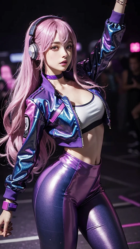 Quality 8k DJ with loose hair in long pink and purple waves, wearing a dark blue sequin jacket and purple vinyl leggings, dancing in an outdoor party environment with pink and blue neon lights. Silver headphones rest around her neck as she looks into the camera with a passionate, engaging gaze..