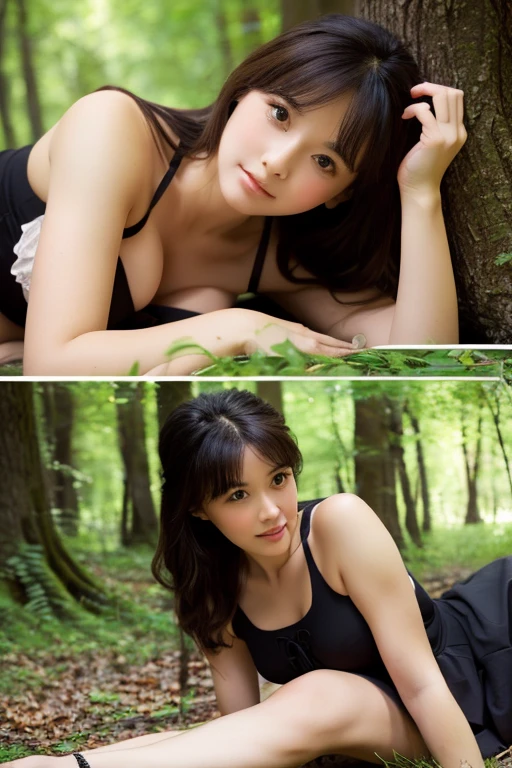 realistic, 3/4 pic, 19 year old sexy woman, brown eyes, Little red riding hood, sitting under a tree, (((big dark wolf laying beside her))), dark forest, looking at viewer, she has a wicker basket with a lid beside her, orange brown leather corset, short red mini skirt, skirt floating in wind, big round breast, seductive body, cute sexy pose,  body, flirtatious look, forest background, 8k detail, smooth image, detailed face,