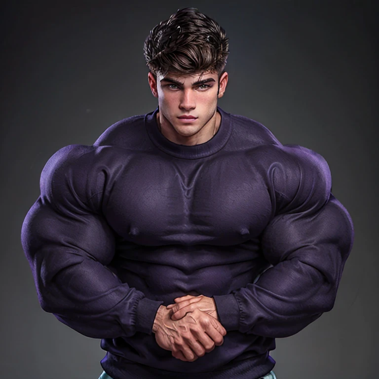 a very handsome young man, mid fade haircut, with massively large, massively muscular muscles, wearing a simple purple sweatshirt with long sleeves, on a black background