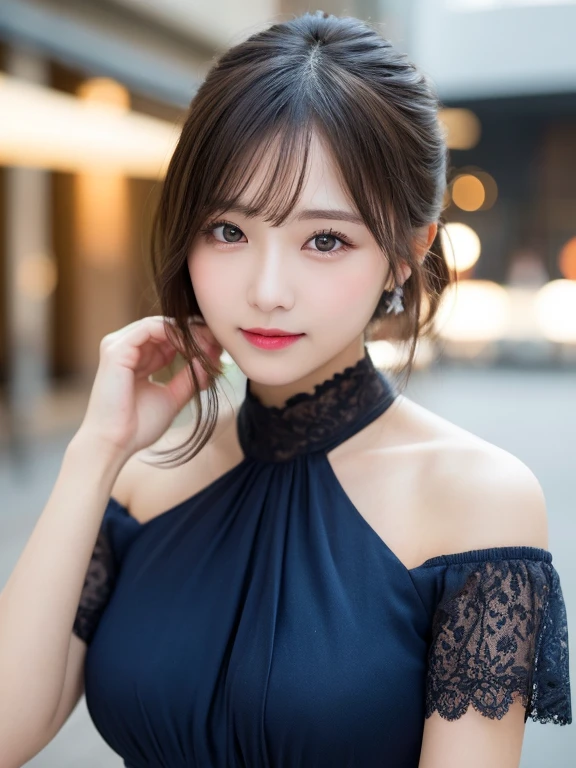 Tabletop, Highest quality, shape, Very detailed, finely, High resolution, 8k wallpaper, Perfect dynamic shape, Beautiful and detailed, D Cup, Natural color lip, Random sexy poses,smile、20-year-old girl、Midnight、Beautiful and dense face、Perfect and beautiful face,Big eyes、Actual Photos(Best image quality),Lightweight off-the-shoulder dress (light navy)、looking at the camera、Please stand、Putting on gal makeup,Blurred Background