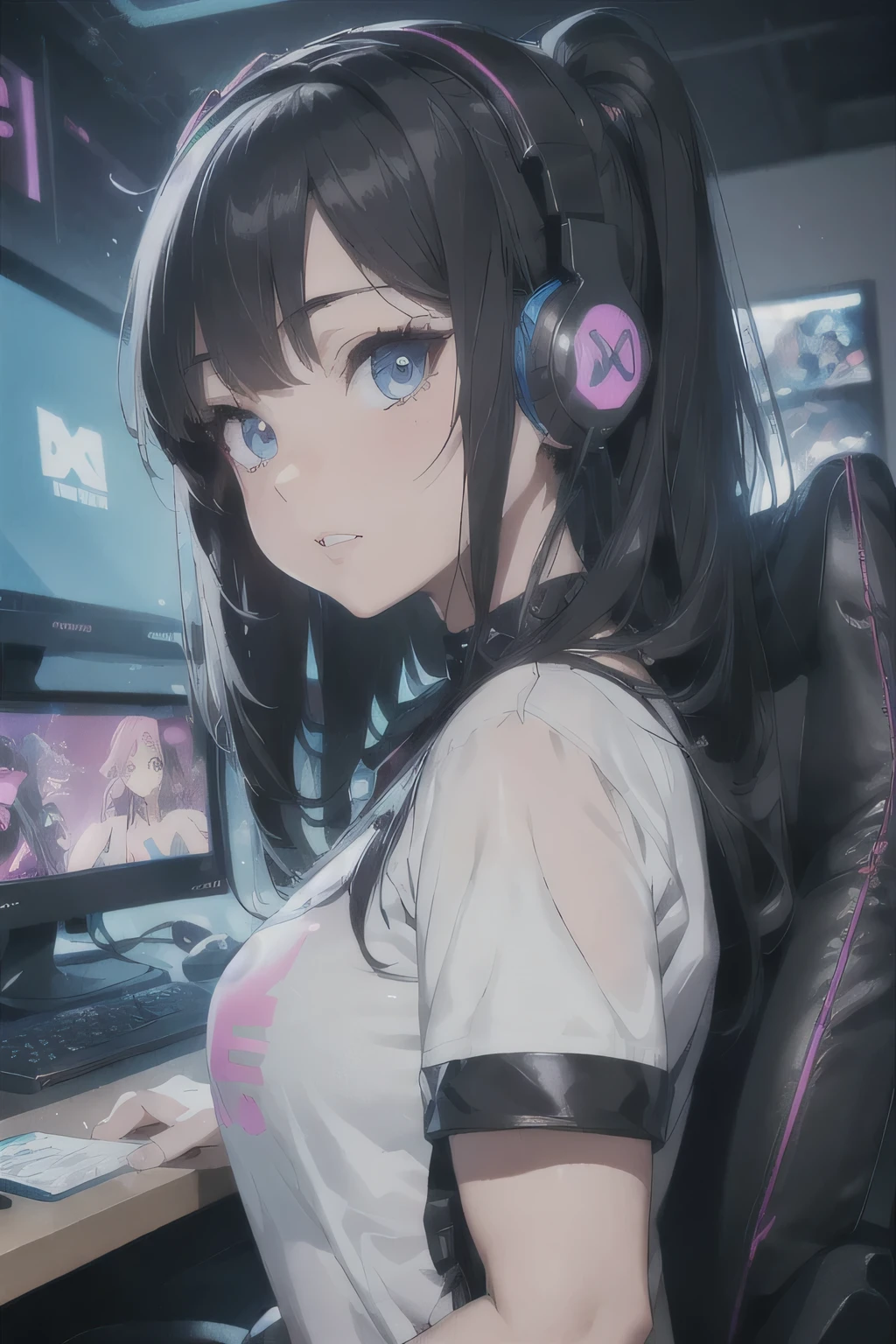 cute gamer girl, 1girl, beautiful detailed eyes, beautiful detailed lips, extremely detailed face and features, long eyelashes, gamer headset, gaming chair, video game controller, video game, neon lighting, colorful RGB lights, trending aesthetics, vibrant colors, high quality, 8k, photorealistic, hyper detailed, studio lighting, intricate details, masterpiece