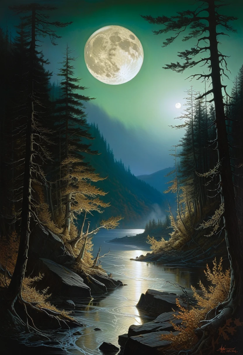 art:Aaron Horkey, , , Very detailed, 32K, Sharp focus, Luminism, Exquisite oil painting, moon, Detailed Sky, Very detailed大きな暗いオオカミ, Anat Finstark . Detailed landscape, The aesthetics of the story of the North, Dynamic Movement, Large reflective eyes, forest,Shine, Swirling leaves, Emerald Mist, Mysterious, Complex背景, Dynamic Lighting, Light, Complex pose, Very finely crafted, Complex, Baroque, Hudson River School, Thomas Cole, masterpiece