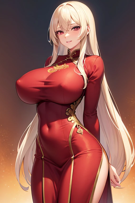 (Art: 1.2), (best quality: 1.2) 1 woman, mature, tall (1.85), She appeared to be around 28 years old, had long golden hair, straight and shiny hair, blood red eyes, extremely detailed, perfect eyes , extremely realistic eyes, well-aligned eyes, long eyelashes, anime style, perfect face, milf face, full lips, naked, naked, smiling, mature, clear skin, natural body, sexy body, MILF body, hands on waist, perfect hands, detailed hands, hands well proportioned to the body, realistic hands, arms with good anatomy, she wore an immortal Chinese oriental style red with golden dress, the dress still couldn't hide her extremely large and huge breasts that were hanging down due to her size, thick thighs, wide hips, Looking at the viewer, background scenery, scenery at a Chinese viewpoint on the edge of a lake, in the background posing the setting sun, alone Looking at the viewer, breasts only visible from aside and from the bottem,  extremely huge breasts, breast are flopping out of the dress because they are to big,  breasts visible  naked breasts, naked breasts, naked, naked