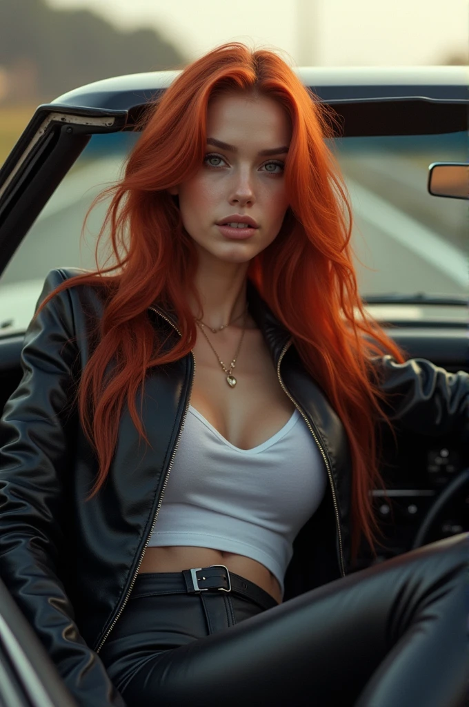 ultra realistic, photography, long red hair, girl, 24 years old, hourglass figure, perfect body, small breasts, Flirty look, extremely detailed artgerm, in the style artgerm, facing the camera, lens 35 mm, blur background, black chevrolet camaro SS 1968, driving her car on the highway with the windows open, wearing a leather jacket, tight sheer white tshirt, tight leatherpants, leatherboots,