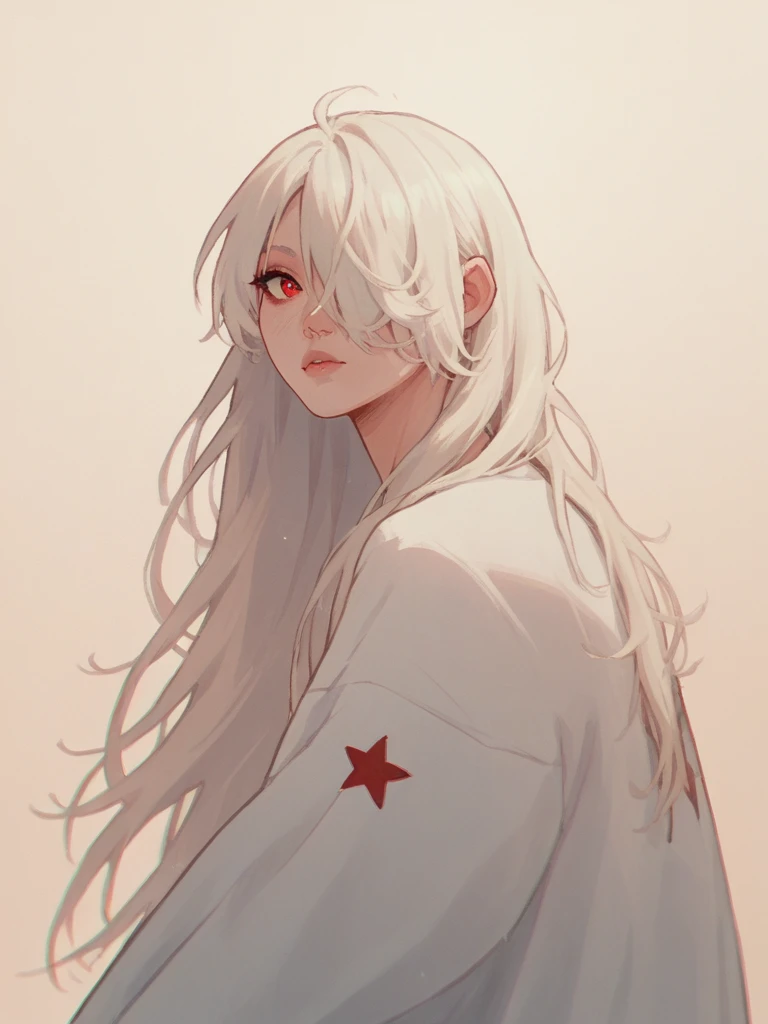 score_9, score_8_up, score_7_up, score_6_up, score_5_up, score_4_up, 1girl, Fr3ckles, red eyes, white long hair, bangs , ju1ch3,hair over one eye,