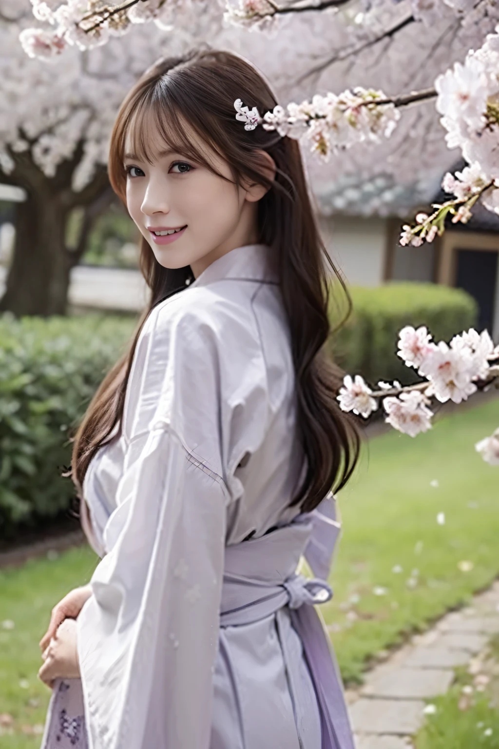 ((photorealistic:1.3)),((ultra detailed)),((sharp:1.2)),((cinematic light)),1girl, solo,(grin), Transparent skin,fein detailed face,long hair, cherry blossom, hanami, white flower, white flower, wisteria,flower, plum blossoms, outdoors, falling petals, black eyes, white kimono, purple hairsumi,(yukata), starlight hair,hair down,full body,Gravure Model Pose、((Hair soaring in the wind)),
