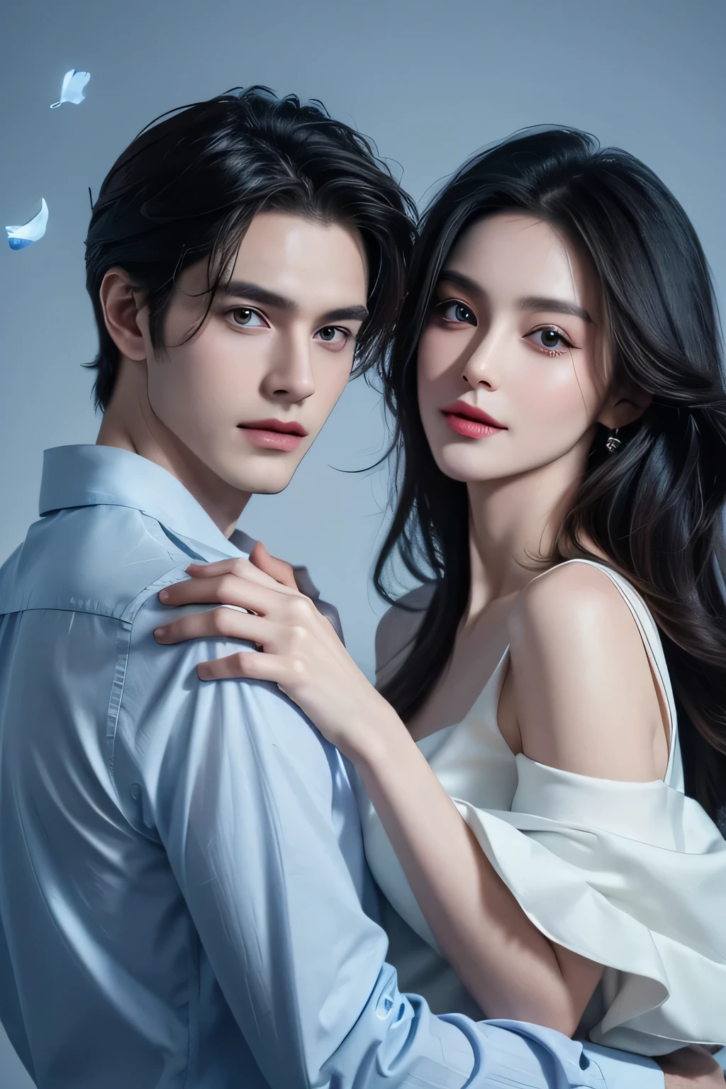 Modern. Casual wear. Elegant couple, masculie man (mature) and beautiful girl. Dark hair color. Very deatiled face. pretty eyes (perfect eyes). 8K resolution. Masterpiece. Romantic, love, glowing light. Look at the viewer. Blue petals. Pastel color.