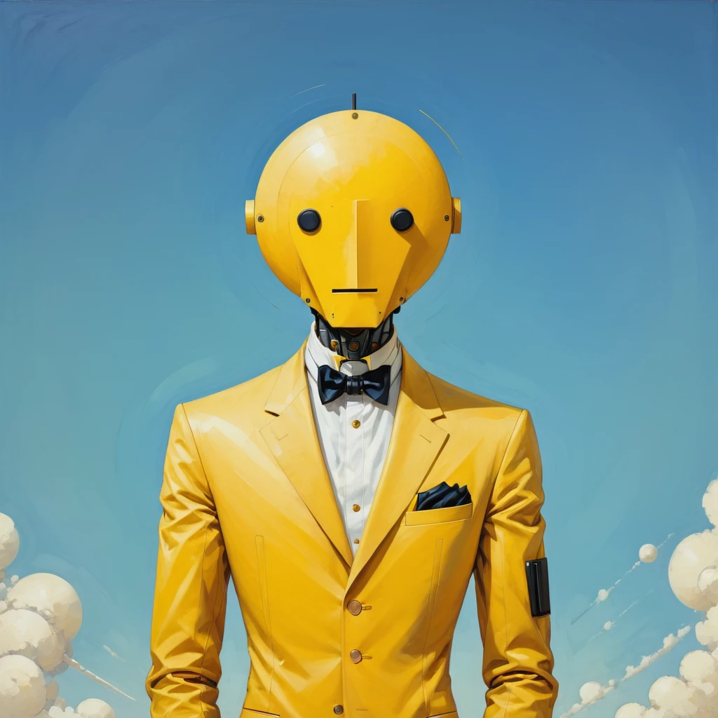 anime artwork in the style of Kazimir Malevich,Kazimir Malevich style,Kazimir Malevich art,Kazimir Malevich,Man in a yellow suit, inspired By Ivan Generali, Adrian Bolda, Highly conceptual figurative art, Saturn Button, By Ivan Generali, William H. Pongiluppi, frank moth, mechanical man portrait, Portrait of a robot, Sergey Zabelin, By Santiago Martinez Delgado, Surreal black and yellow . Anime Style, Key Visual, Vibrant, Studio Anime,  Very detailed