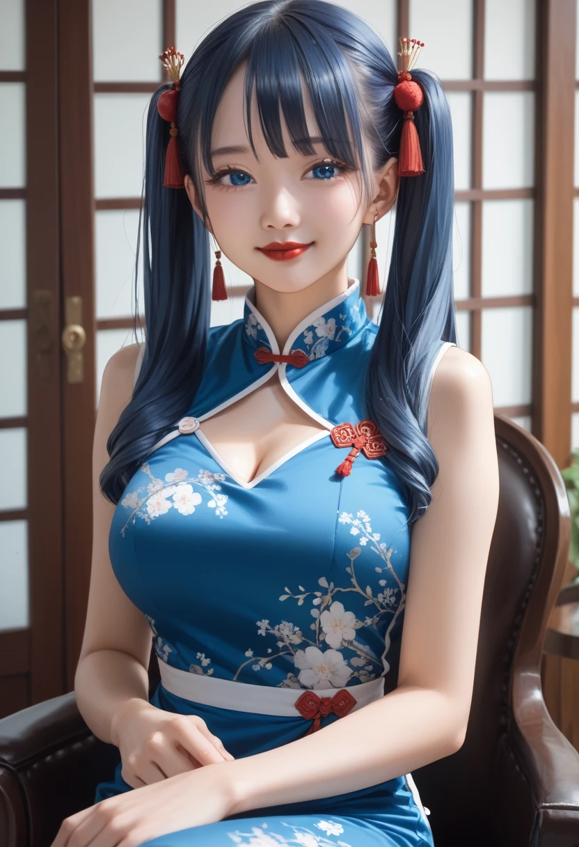 One girl, solo, side top pigtails, long pigtails, blue hair, smiling, looking at you, bright blue eyes, blue pupils, red lips, large breasts, ball shaped breasts, cleavage, tight waist, gentle face, beautiful Japanese woman, five fingers, reality, sitting in mini cheongsam with slits