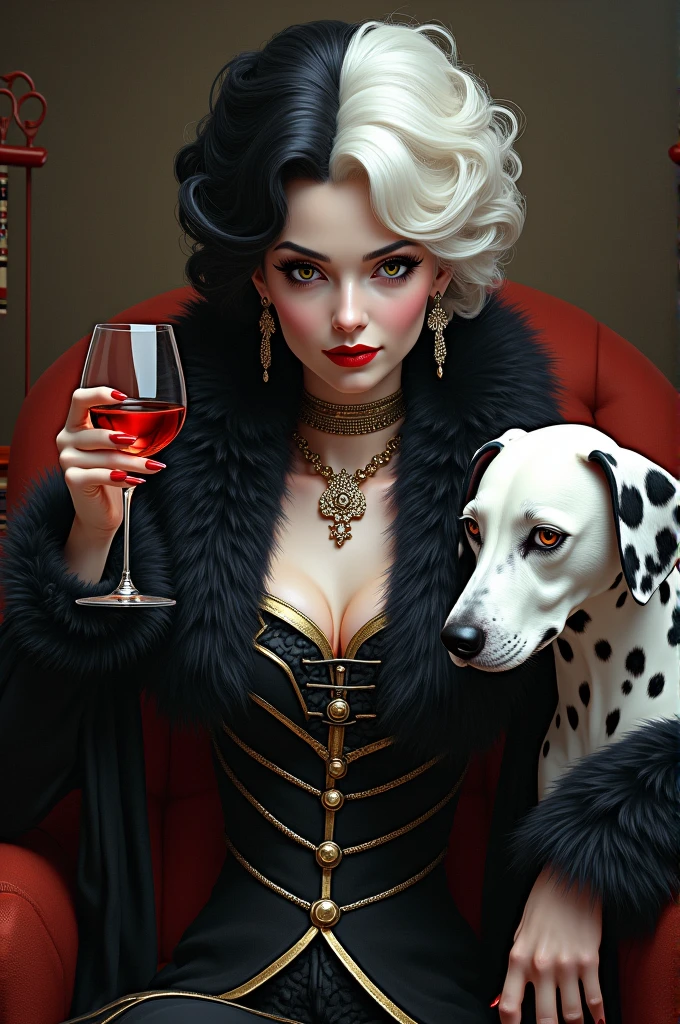 (Black hair on the left,White hair on the right),Queen,Black and white spotted fur coat,Holding a wine glass,Red lipstick,(Kuira,迪士尼Villain),Pale skin,Villain,A Dalmatian dog sat next to him,accessories